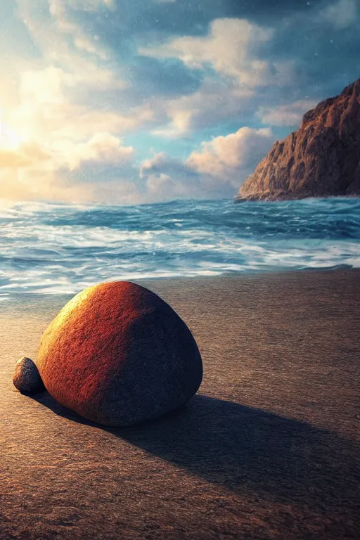 Image similar to A cute rock on the beach with googly eyes, dramatic lighting, cinematic, establishing shot, extremely high detail, foto realistic, cinematic lighting, post processed, concept art, high details, cinematic, 8k resolution, beautiful detailed, photorealistic, digital painting, artstation, concept art, smooth, sharp focus, artstation trending, octane render, unreal engine