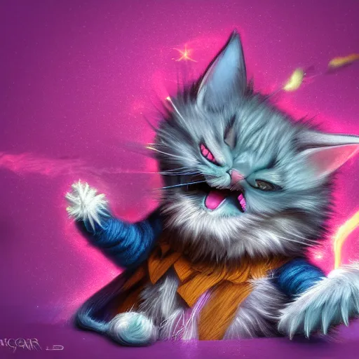 Image similar to wizard is laughing as a small cat, dynamic pose, chromatic aberration , medium level shot, comedy, fantasy, illustration, concept art,