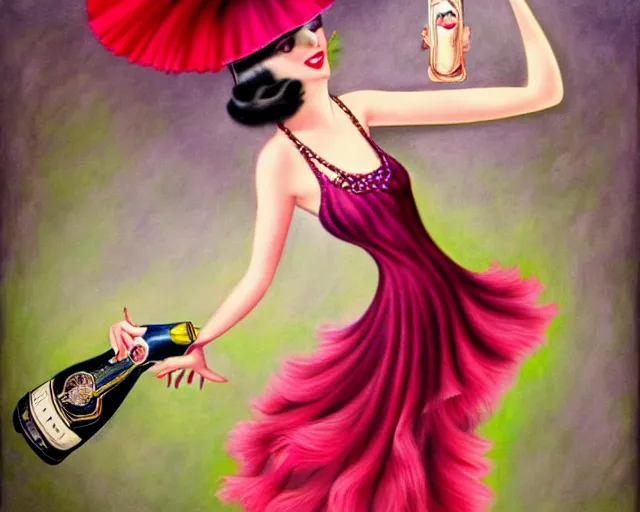 Image similar to a 1 9 2 0 s cancan dancer with a big bottle of champagne in art deco style, nicoletta ceccoli, mark ryden, lostfish, max fleischer, hyper realistic, artstation, illustration, digital paint, matte paint, vivid colors, bright, cheerful, detailed and intricate environment