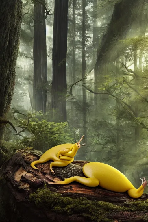 Prompt: A brilliant yellow banana slug with deer antlers, poised magnificently on a tree stump deep in a redwood forest, magical, deep woods, octane render, 8k,realism, insanely detailed, intricate, natural lighting, illustrated by Mizuri AU and Soufiane Idrassi and BONDARTS and Tomasz Alen Kopera and Klaus Wittmann and Deathburger and Daniel Romanovsky and Aku, Trending on artstation, artstationHD, artstationHQ, 4k, 8k
