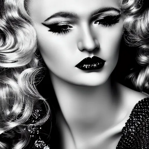 Prompt: stunning black and white portrait of a beautiful blonde woman by kenneth willardt. long curly glossy hair and makeup. vintage glamour. shiny dark lips. fashion photography. highly detailed and realistic watercolor painting on canvas. brush strokes.