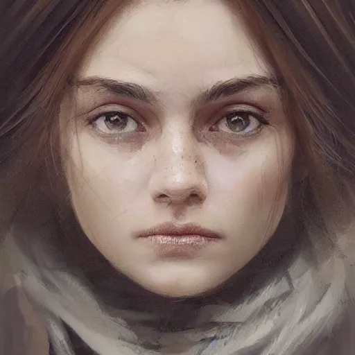 Prompt: Portrait of a woman by Greg Rutkowski, she is about 20 years old, round face, mixture turkish and russian, dark blonde hair with two strands around her face, attractive, sad and melancholy gaze, she is wearing a jumper overall, highly detailed portrait, scifi, digital painting, artstation, concept art, smooth, sharp foccus ilustration, Artstation HQ.