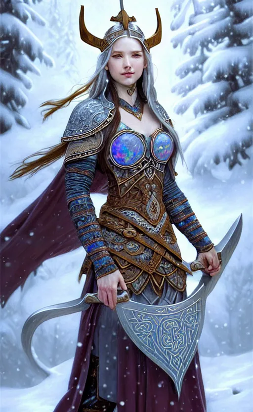 Image similar to opal viking warrior, regal, elegant, winter, snow, beautiful, stunning, hd, illustration, epic, d & d, fantasy, intricate, elegant, highly detailed, wide angle, digital painting, artstation, concept art, smooth, sharp focus, illustration, wallpaper, art by artgerm and greg rutkowski and alphonse mucha and jin xiaodi