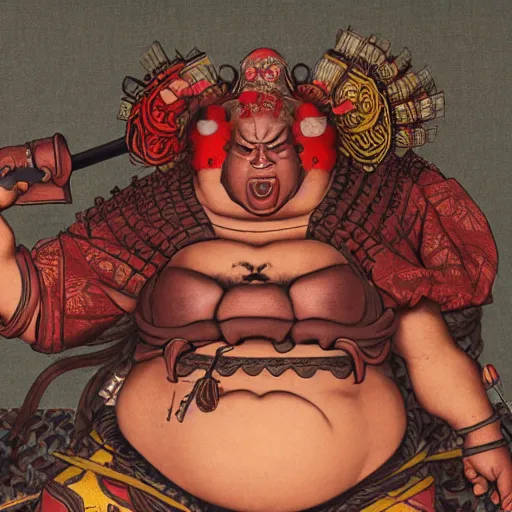 Image similar to character portrait of a plump rubenesque woman shugoki wearing samurai o - yoroi, mortal shell, scorn game, by h r geiger and beksinski, grim dark, lara sava, ukiyo - e, cg society, tone mapping, global illumination,