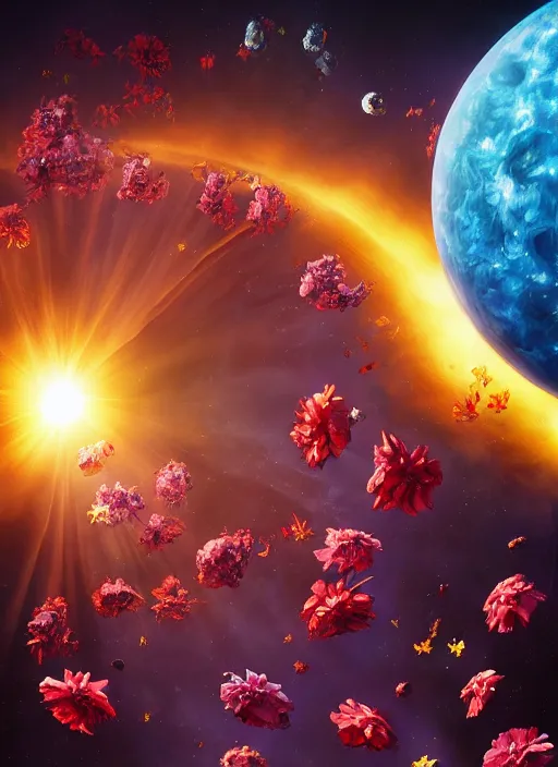 Image similar to An epic fantastic realism comic book style painting of the most beautiful flowers launched into space, bouquets, solar eclipse, fisheye, unreal 5, DAZ, hyperrealistic, octane render, dynamic lighting