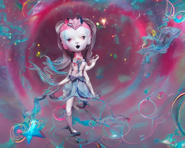 Image similar to James Jean isolated magical girl vinyl figure, figure photography, holographic undertones, glitter accents, anime stylized, high detail, ethereal lighting - H 640