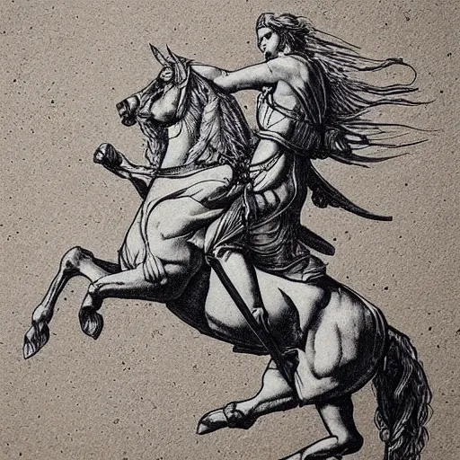 Prompt: “8k ink drawing of Diana huntress, Horses in run, intricate in style of Michelangelo and Albrecht Durer, beautiful woodland, hand made paper”