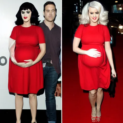 Image similar to Pregnant Katy Perry in a red dress at a movie premiere