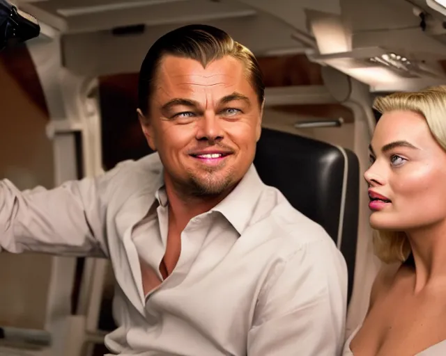 Image similar to leonardo dicaprio as the wolf of wall street next to margot robbie as naomi from the wolf of wall street in a helicopter, hyper realistic faces, beautiful eyes, cinematic, long shot, hyper detailed, 8 5 mm photograph, 8 k resolution, film still, sharp lens, wide lens