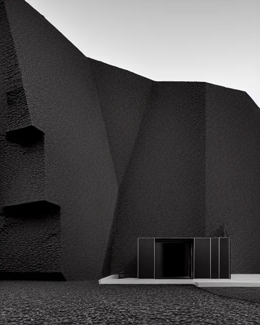 Image similar to tall black geometric house, embedded in lava cliff, full view, black house, molten metal house, minimal, rippled white landscape, dwarven architecture, light from molten iron, octane render, hyper realistic, 8 k, octane render