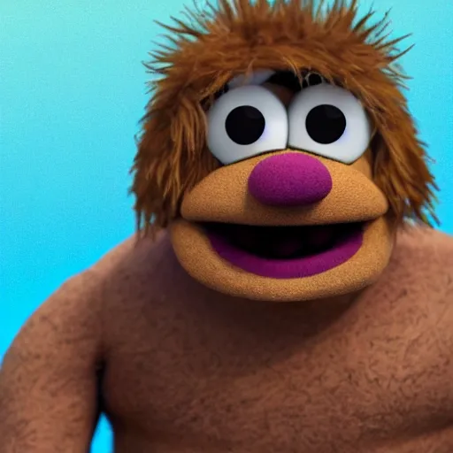 Image similar to a still of a forgotten muppet character looking very manly and modern, hilarious, laughing, hairy chest, huge chin, manly monster tough guy, roughled fur, photo real, photographic, photograph, artstation, trending, featured