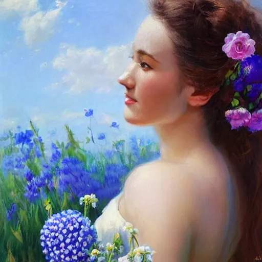 Image similar to a portrait of a romantic woman with flowers grow out of hair, roses peonies forget-me-nots dahlias lupins gladioli, sky theme in background, by Alexandr Averin, Digital Art, Trending on artstation