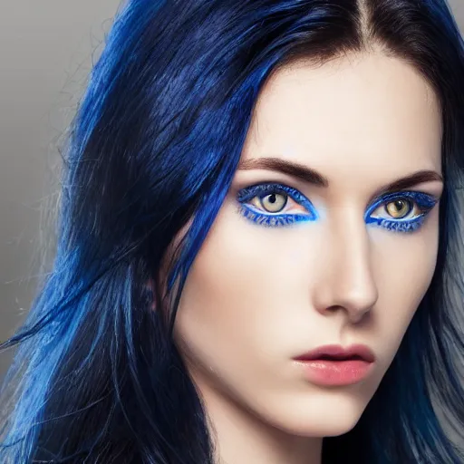 Image similar to raven haired seductive woman with stunning ocean blue irises with a beautiful face, sharp thin nose, fair skin, soft skin, long neck, and elf pointed ears showing bare shoulders