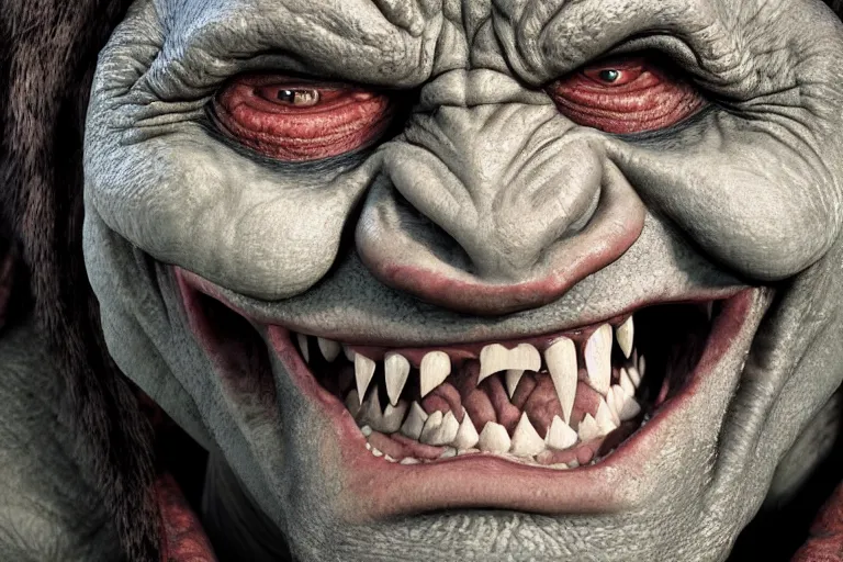 Image similar to close up portrait photo of a happy orc. high resolution color photo, times magazine 2 0 2 1