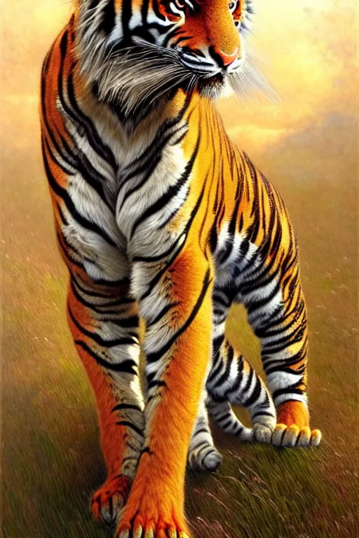 Image similar to highly detailed full shot portrait of a enchanted tiger in the form of a beautiful young princess. d & d, art by donato giancola and ruan jia and carl larsson and magali villeneuve. trending on artstation, intricate details, energetic composition, golden ratio, concept art, illustration, elegant art