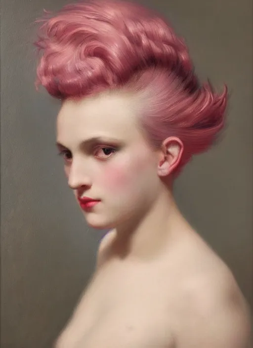 Prompt: a detailed portrait of woman with a mohawk by edouard bisson, year 1 9 4 0, pink hair, punk rock, oil painting, muted colours, soft lighting