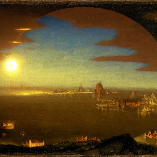 Image similar to dark solar eclipse, above a village, highly detailed, studio 4 k quality, by arnold bocklin