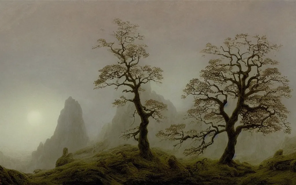 Image similar to valley of berchtesgarden, a gnarly old oak in a shroud of mist and ghosts, by caspar david friedrich