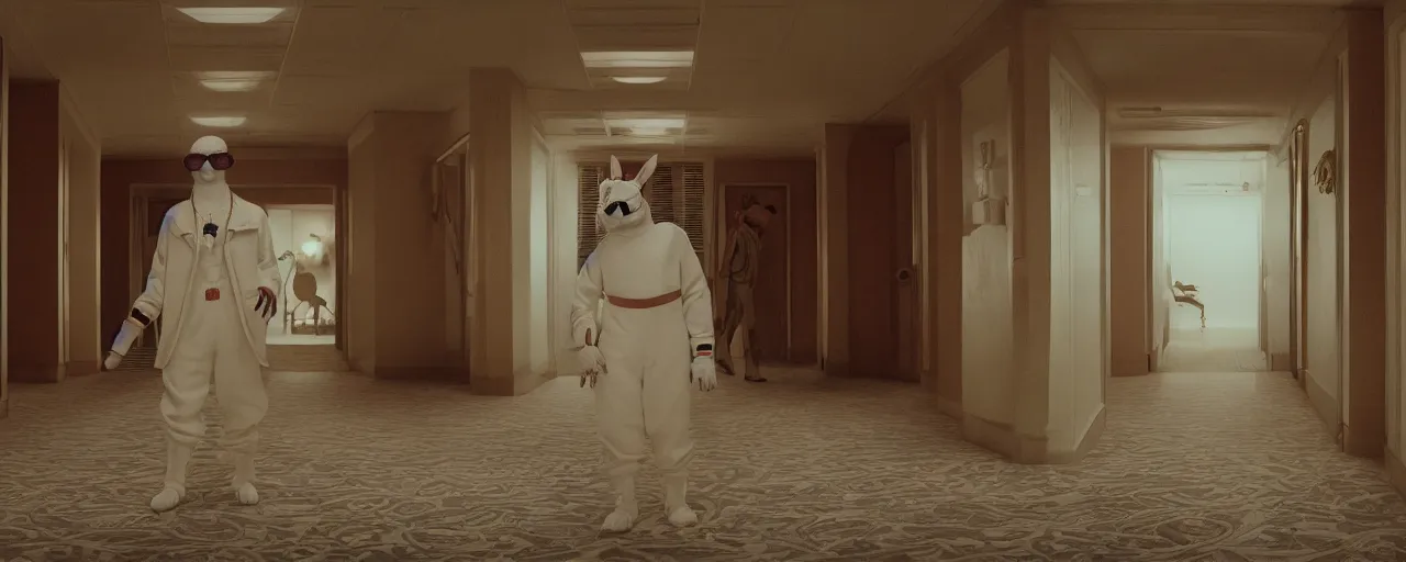 Prompt: 3 / 4 mid shot bad bunny in a sci - fi overlook hotel hallway, wes anderson movie, rembrandt lighting, imax 4 0 mm anamorphic lens, one point perspective, tetradic color scheme,