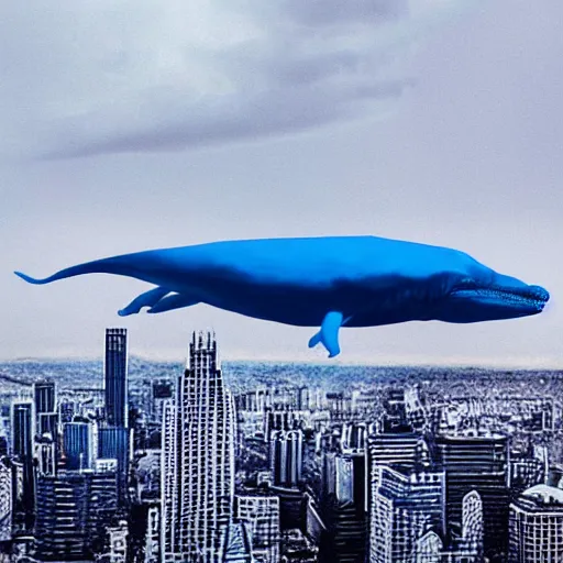 Image similar to Blue Whale flying through sky with a city built on it's back, clouds beneath it