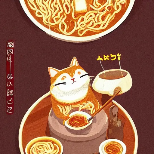 Image similar to fat cat eating ramen noodles on toast, japanese art artstation trending