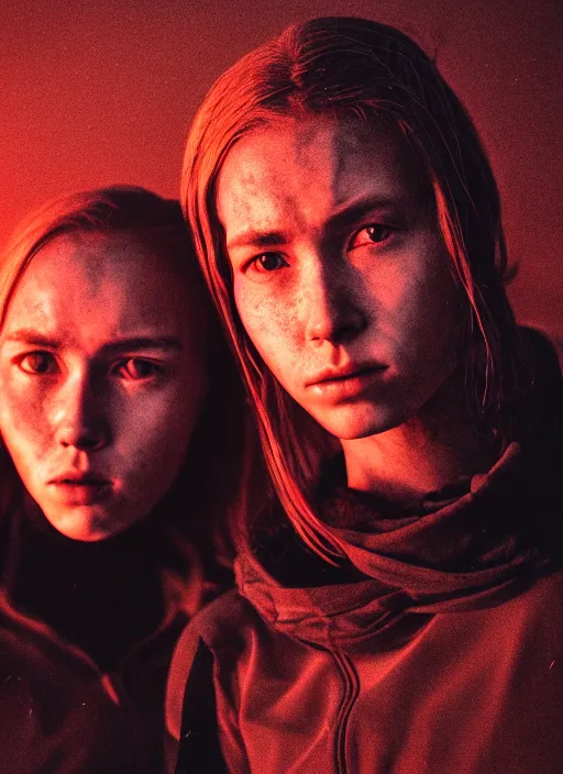 Image similar to cinestill 5 0 d photographic portrait of two loving female androids wearing rugged black techwear on a desolate plain with a red sky in front of a brutalist dark metal facility, extreme closeup, cyberpunk style, dust storm, 8 k, hd, high resolution, 3 5 mm, f / 3 2, ultra realistic faces, ex machina