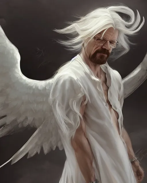 Image similar to walter white winged angel, male!!!!!!!, long white hair, by daniel gerhartz, trending on artstation