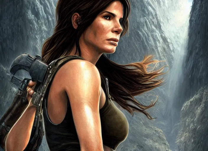 Image similar to face portrait of concentrated young Sandra Bullock as Lara Croft entering the large Minas Tirith gate, sun beams, intricate, elegant, highly detailed, centered, digital painting, artstation, concept art, smooth, sharp focus, illustration, Allan Lee, John Howe