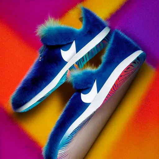 Image similar to poster nike shoe made of very fluffy colorful faux fur placed on reflective surface, professional advertising, overhead lighting, heavy detail, realistic by nate vanhook, mark miner