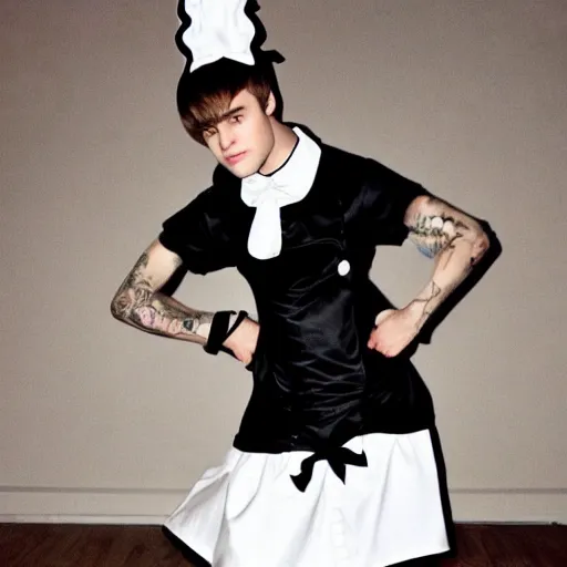 Image similar to justin bieber wearing a maid outfit, egirl maid, catgirl justin bieber