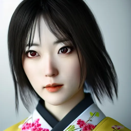 Image similar to Japanese Simone Norman wearing kimono, realistic, photo studio, HDR, 8k, trending on artstation