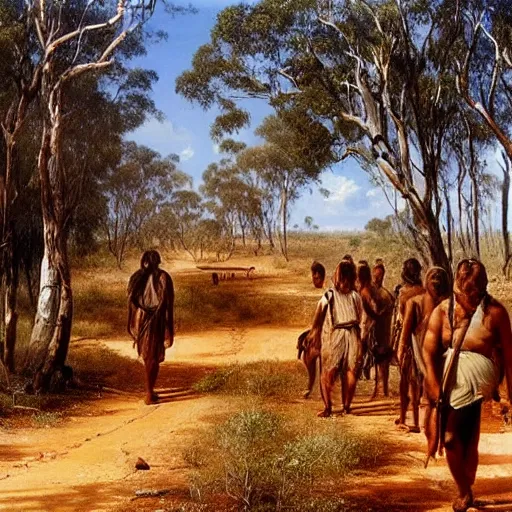 Image similar to Australian aborigines walking through the outback, a beautiful painting by ivan shishkin, matte painting