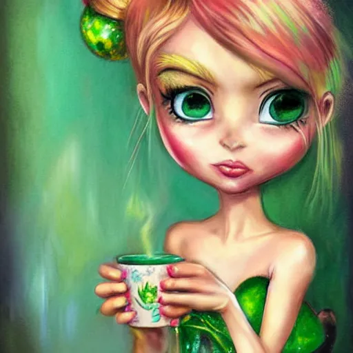 Image similar to chibi Tinkerbell in short green dress with tattered hem, thick heavy eye makeup, bare feet, hungover, coffee cup, lifelike detailed oil painting by Jasmine Becket