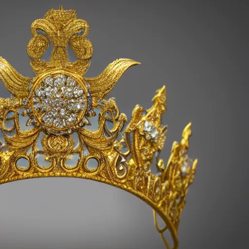 Prompt: Ultra realistic fantasy tiara, intricate detailed, gilded gold and diamonds, sharp focus, Symmetrical composition, octane render, high quality, 8k, volumetric lighting, on black background !dream