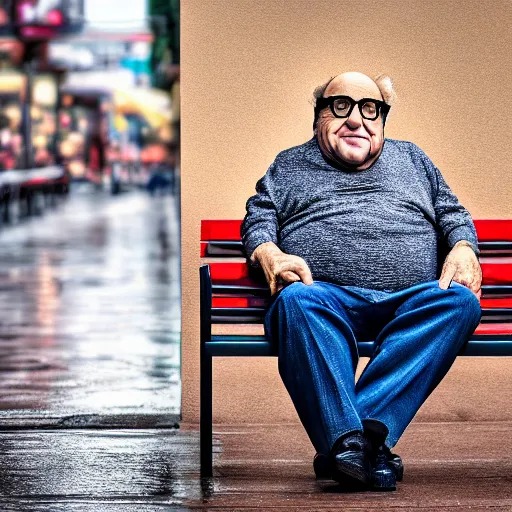 Image similar to danny devito on a bench raining, ( sony a 7 r iv, symmetric balance, polarizing filter, photolab, lightroom, 4 k, dolby vision, photography awardm, voque, perfect face )