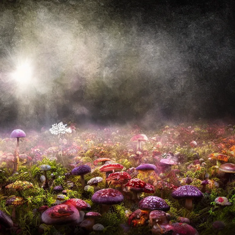 Prompt: a planet of various fungus like trees, mushrooms, flowers and plants, artistic photography, conceptual, long exposure outside the city, volumetric light