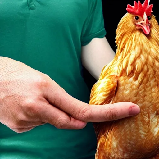 Image similar to Chicken with human hands realistic photo