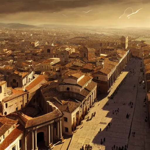 Image similar to the monumental city of caceres with siveth flying over it, dramatic lighting, cinematic, extremly high detail, photorealistic, cinematic lighting, post processed, concept art, artstation, matte painting, style by greg rutkowsky - 1 0 2 4