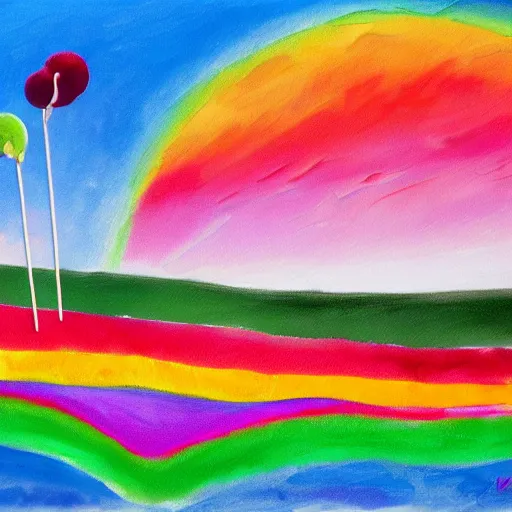 Prompt: a beautiful painting of a giant field made of cotton candy, a marshmallow shaped as a housed with a whipped cream as roof and candies as windows and lollipop as chimney, very colorful rainbow , saturated color , kid dream , 4K , warm , delicious ,sweet , maded by peter max