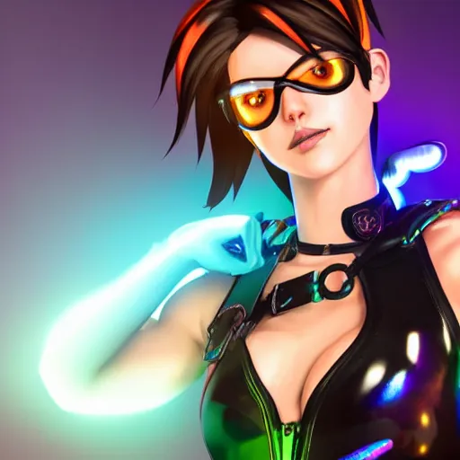 Image similar to full body digital artwork of tracer overwatch, wearing black iridescent rainbow latex tank top, 4 k, expressive happy smug expression, makeup, in style of mark arian, wearing detailed black leather collar, chains, black leather harness, detailed face and eyes,