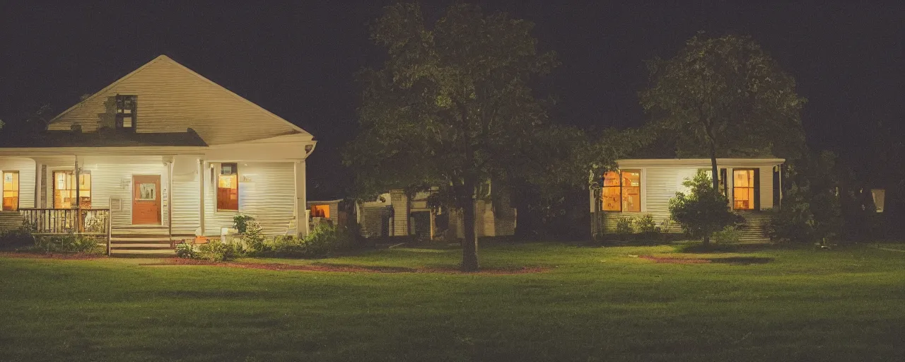 Prompt: a nostalgic photograph of a suburban home at night during summer, by closecore