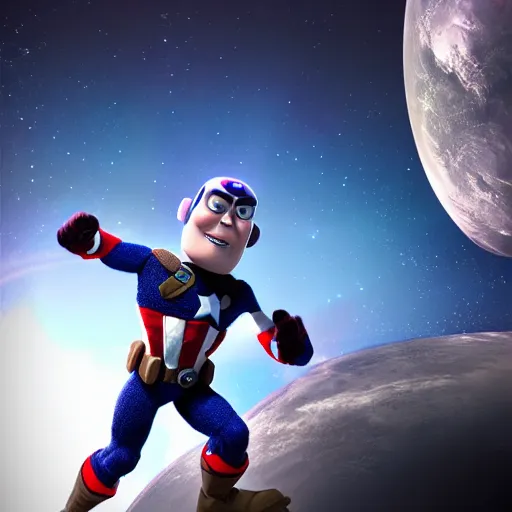 Prompt: a photorealistic photograph of a knitted Captain America as Buzz Lightyear flying through space Trending on Artstation, featured on Behance, well-rendered, Unreal Engine, 4K HD