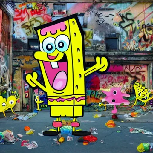 Image similar to Plastic SpongeBob and Sandy rapping, wearing rap outfits and bandanas, standing on the street, surrounded by a crowd of plastic fishes, wide angle shot, HDR, 4k, photoshop, patchwork, the earth is quaking under their feet from the music which cracks the ground, shockwaves are coming out, graffiti in the background, details faces, visible eyes, unreal engine