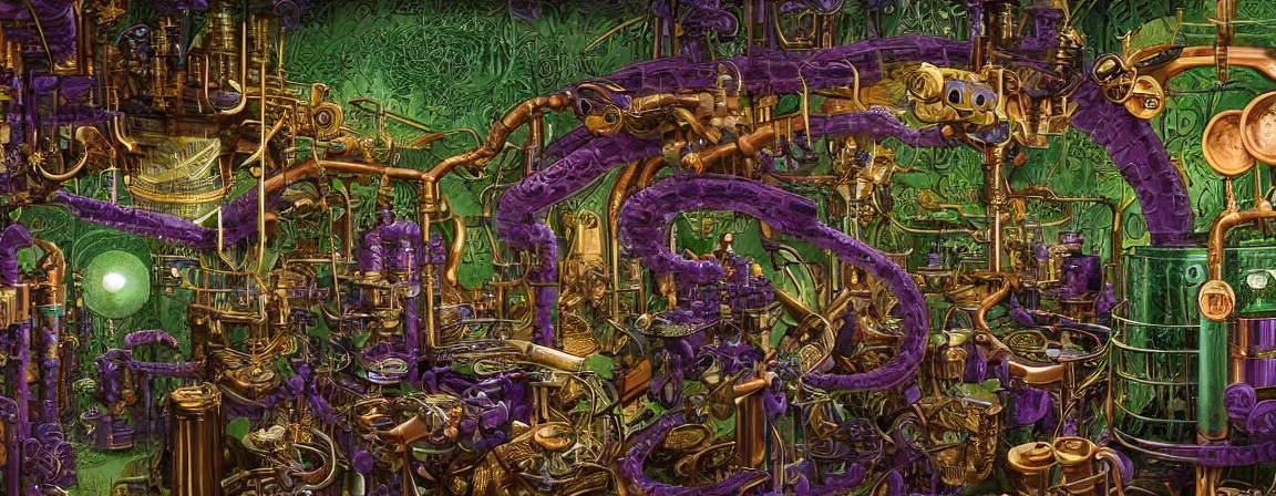 Image similar to a super high resolution film still of densely packed machine apparatus for making snake oil, huge copper machine with fine purple and green intricate pipework, art by jacek yerka, and ed roth, directed by denis villeneuve, cinematography by robby muller, fine detail, kodachrome 8 k, snake machine, cinematic lighting