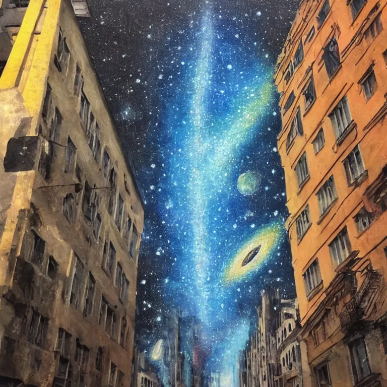 Prompt: Street-art painting of the Milky Way, photorealism