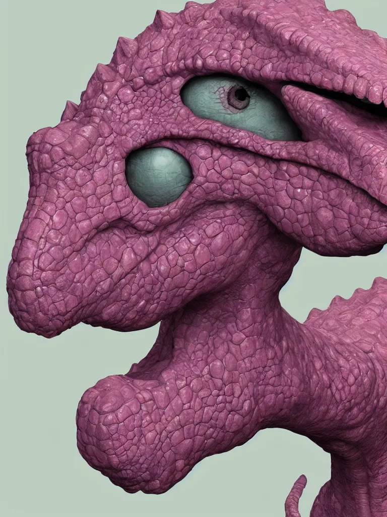 Prompt: a pink dinosaur with a human head with photorealistic level of detail