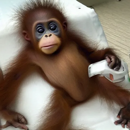 Image similar to baby orangutang on life support, news article screenshot, low quality jpeg