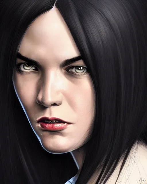 Prompt: portrait of a tall 4 0 - year - old woman with thin lips, long, lush black hair gathered on the head bun, and thick eyebrows, wearing in black clothes, aristocratic appearance, hyper realistic face, beautiful eyes, character art, art by mark brooks, hyperdetailed, cryengine, trending on artstation, digital art