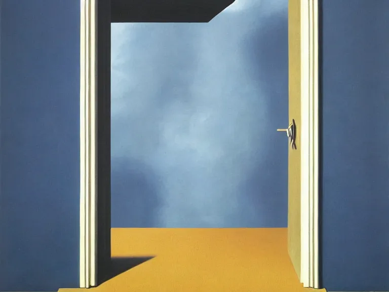 Prompt: a door to nothingness, painting by rene magritte, high detail, high resolution