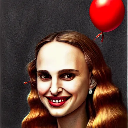 Image similar to surrealism grunge cartoon portrait sketch of natalie portman with a wide smile and a red balloon by - michael karcz, loony toons style, mona lisa style, horror theme, detailed, elegant, intricate